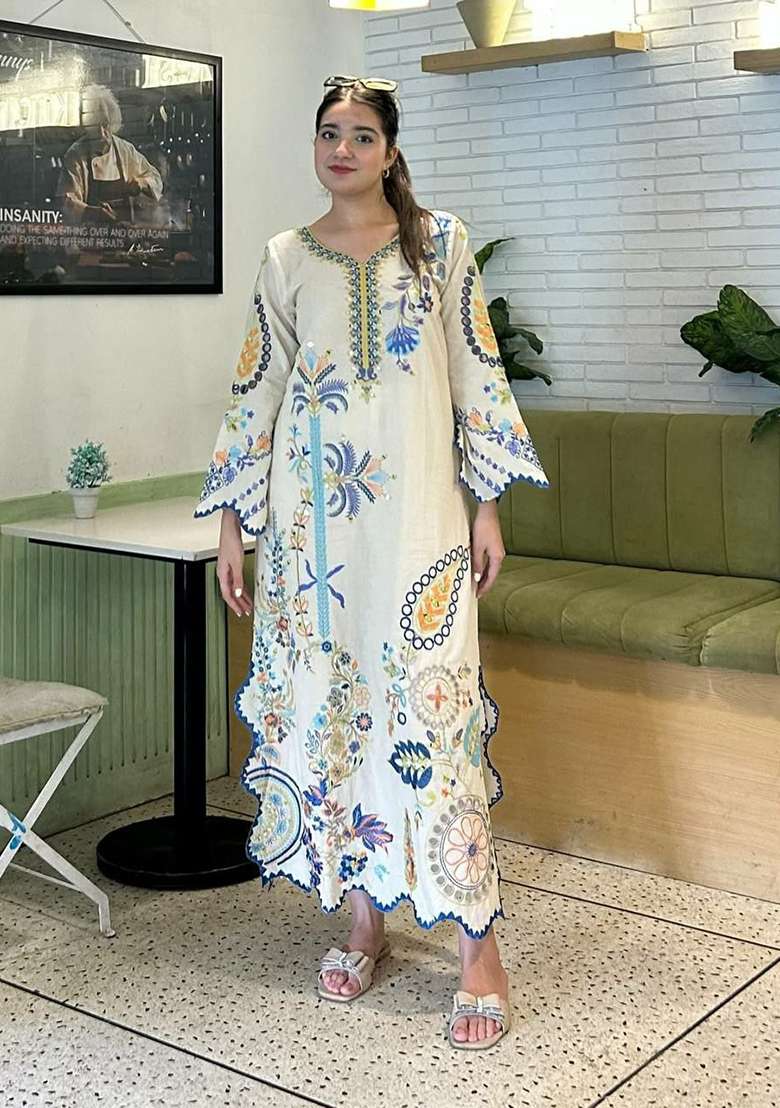 White Embroidery Silk Salwar Suit Set - Indya