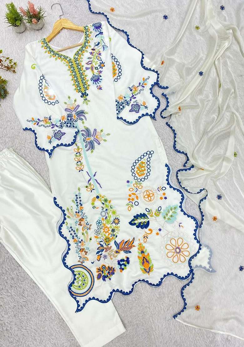White Embroidery Silk Salwar Suit Set - Indya