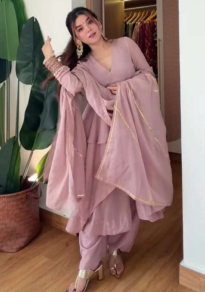 Pink Embroidery Chanderi Salwar Suit Set - Indya