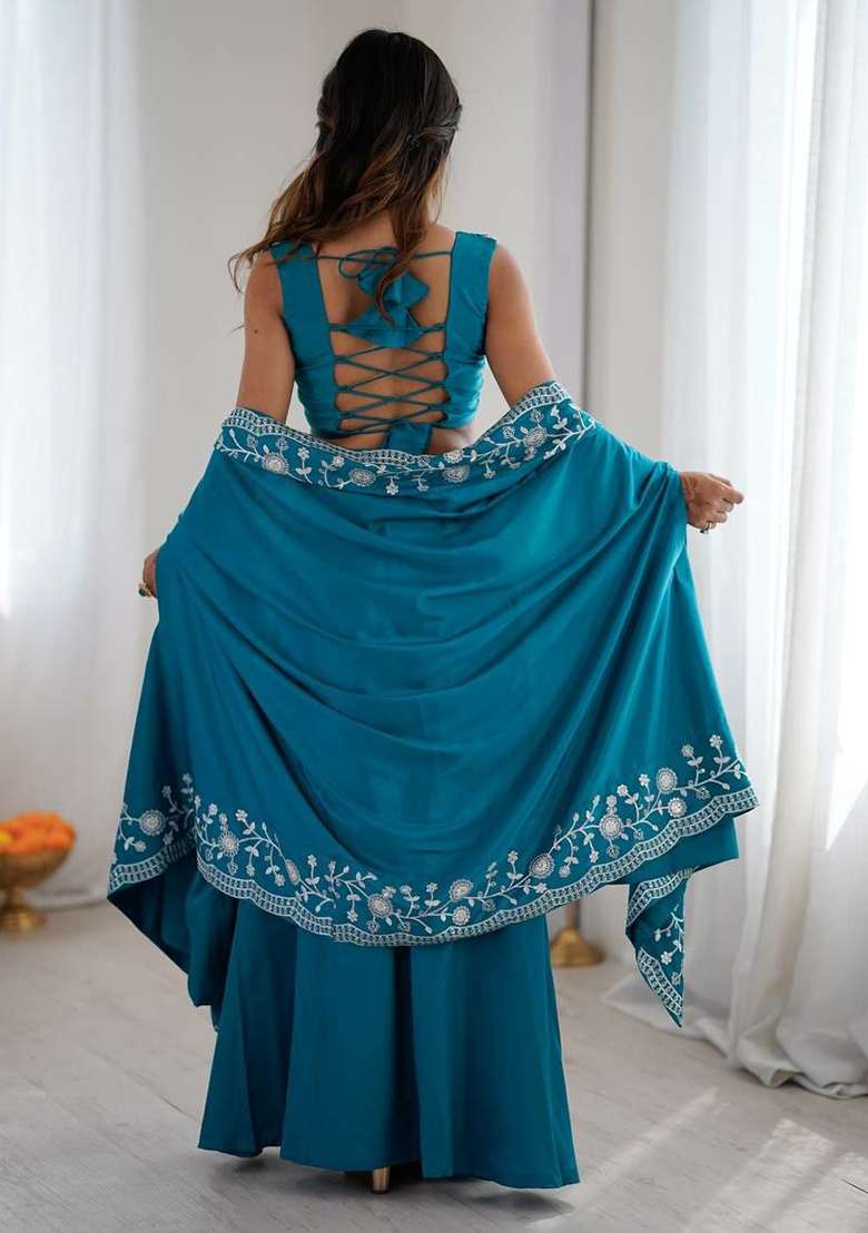 Blue Embroidery Crepe Salwar Suit Set - Indya