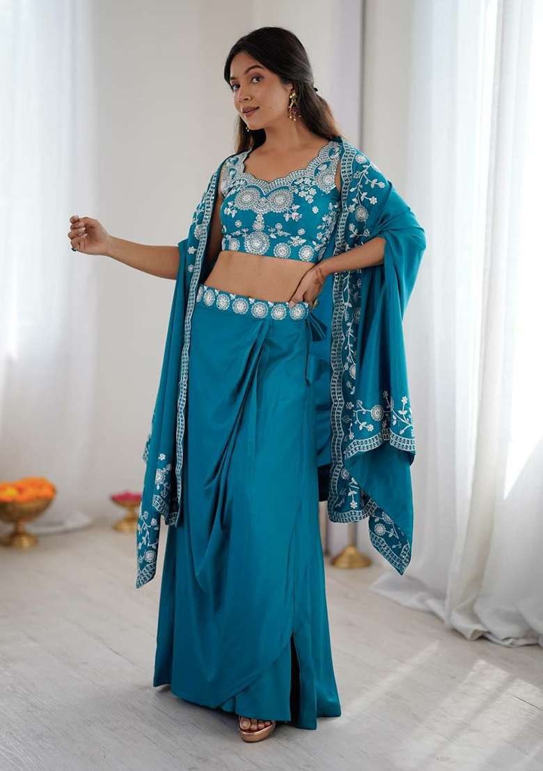 Blue Embroidery Crepe Salwar Suit Set - Indya