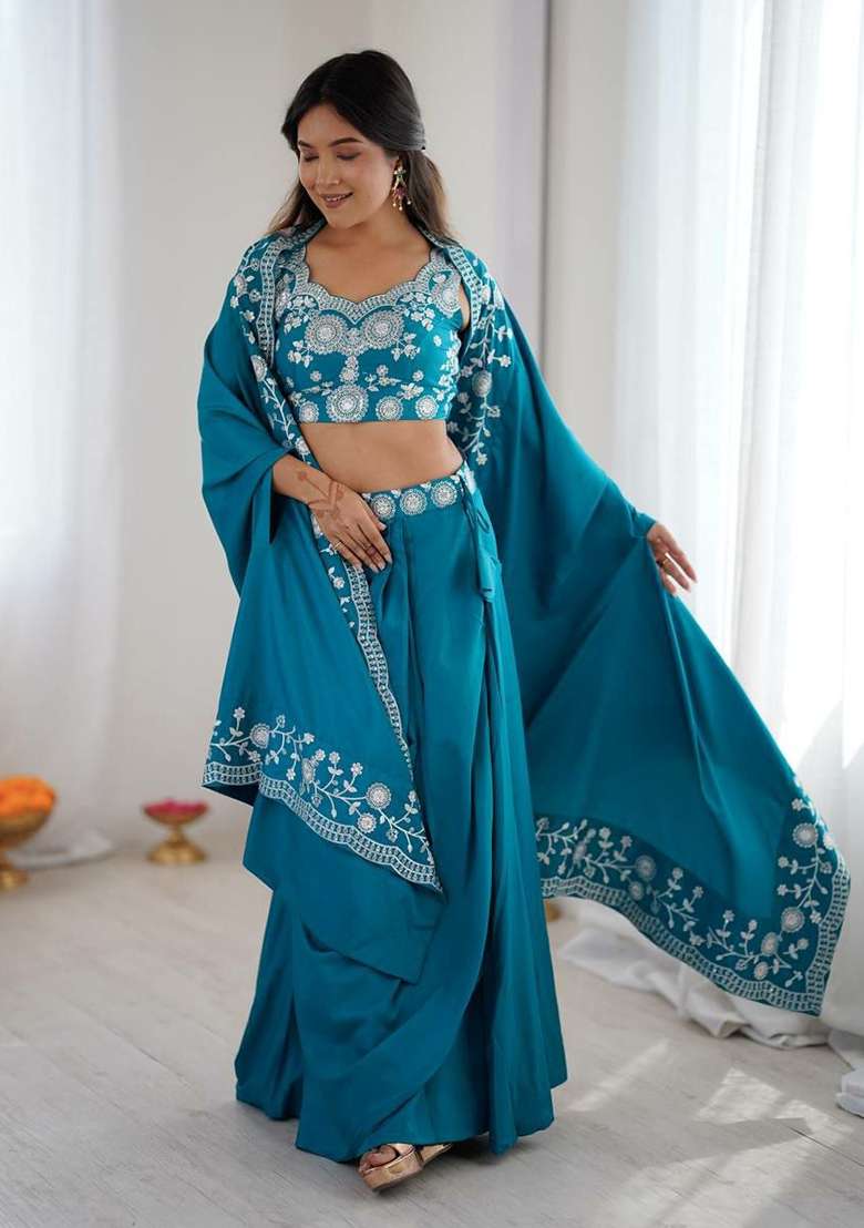 Blue Embroidery Crepe Salwar Suit Set - Indya