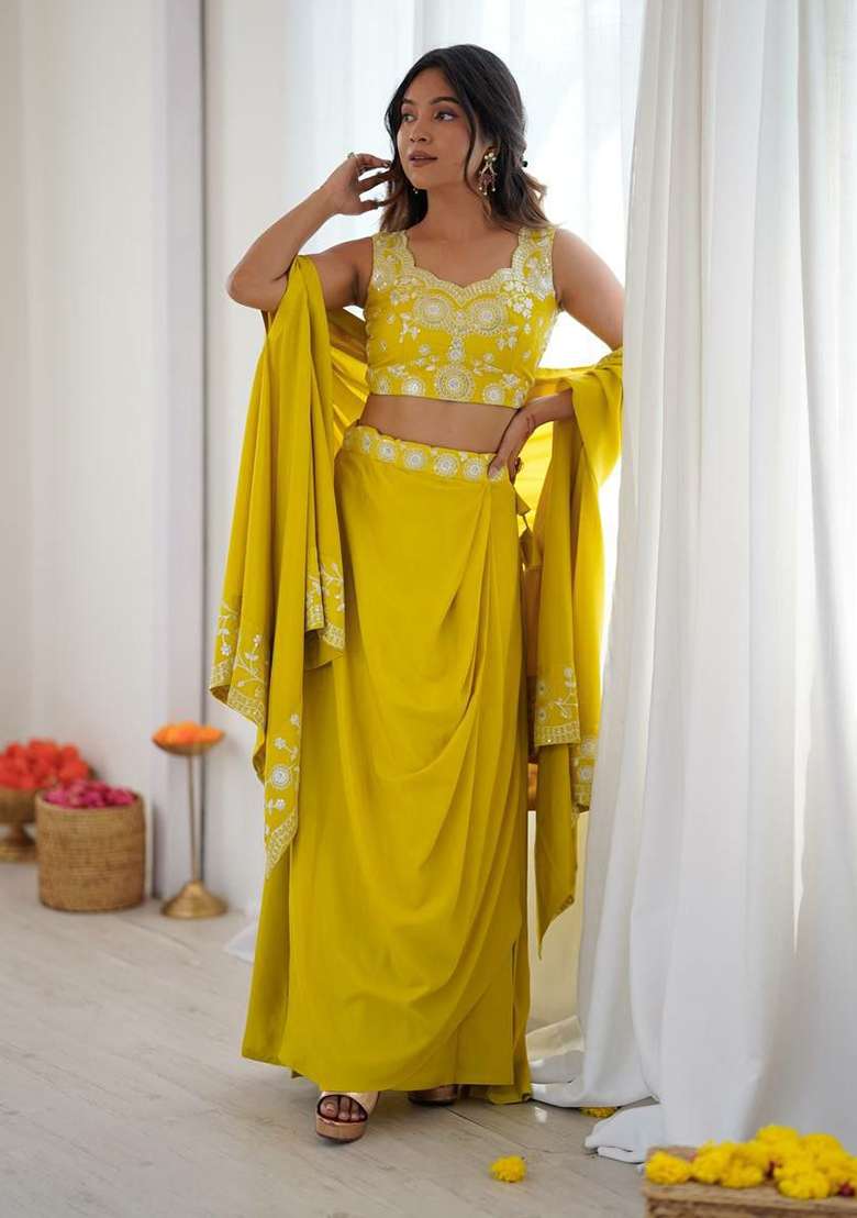 Yellow Embroidery Crepe Salwar Suit Set - Indya