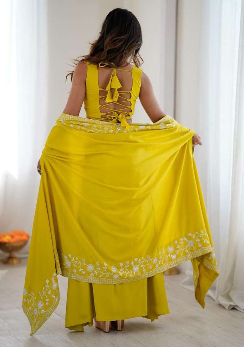 Yellow Embroidery Crepe Salwar Suit Set - Indya