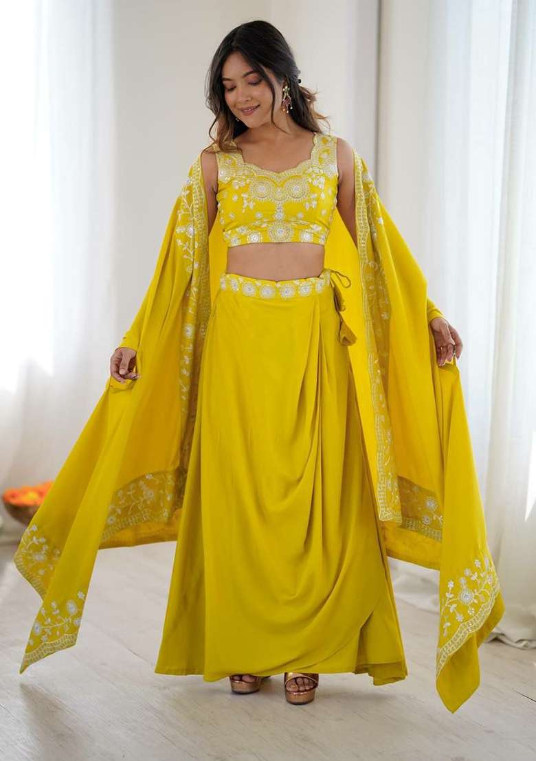 Yellow Embroidery Crepe Salwar Suit Set - Indya