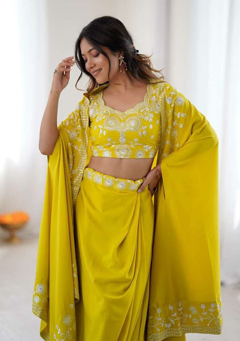 Yellow Embroidery Crepe Salwar Suit Set - Indya
