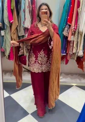 Red Embroidery Crepe Salwar Suit Set