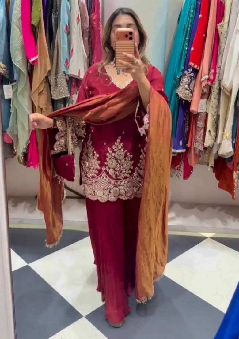 Red Embroidery Crepe Salwar Suit Set - Indya