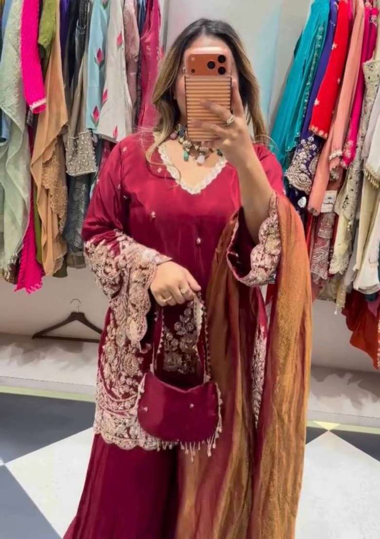 Red Embroidery Crepe Salwar Suit Set - Indya