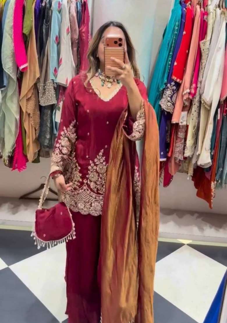 Red Embroidery Crepe Salwar Suit Set - Indya