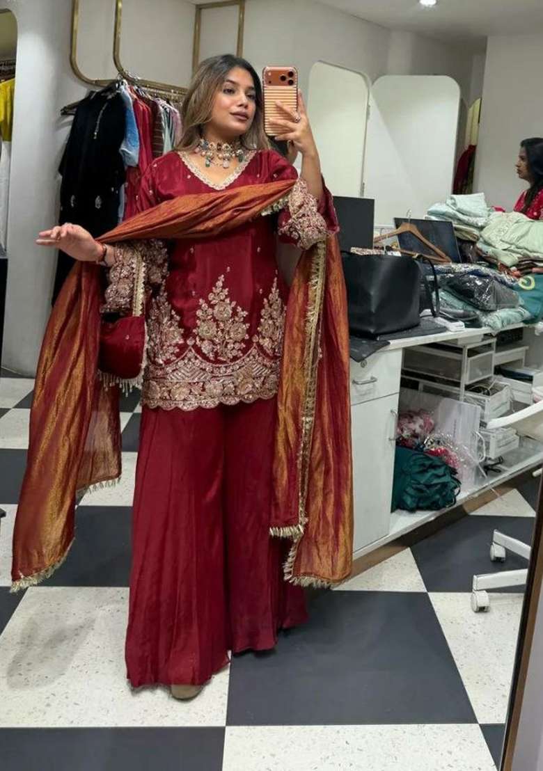 Red Embroidery Crepe Salwar Suit Set - Indya