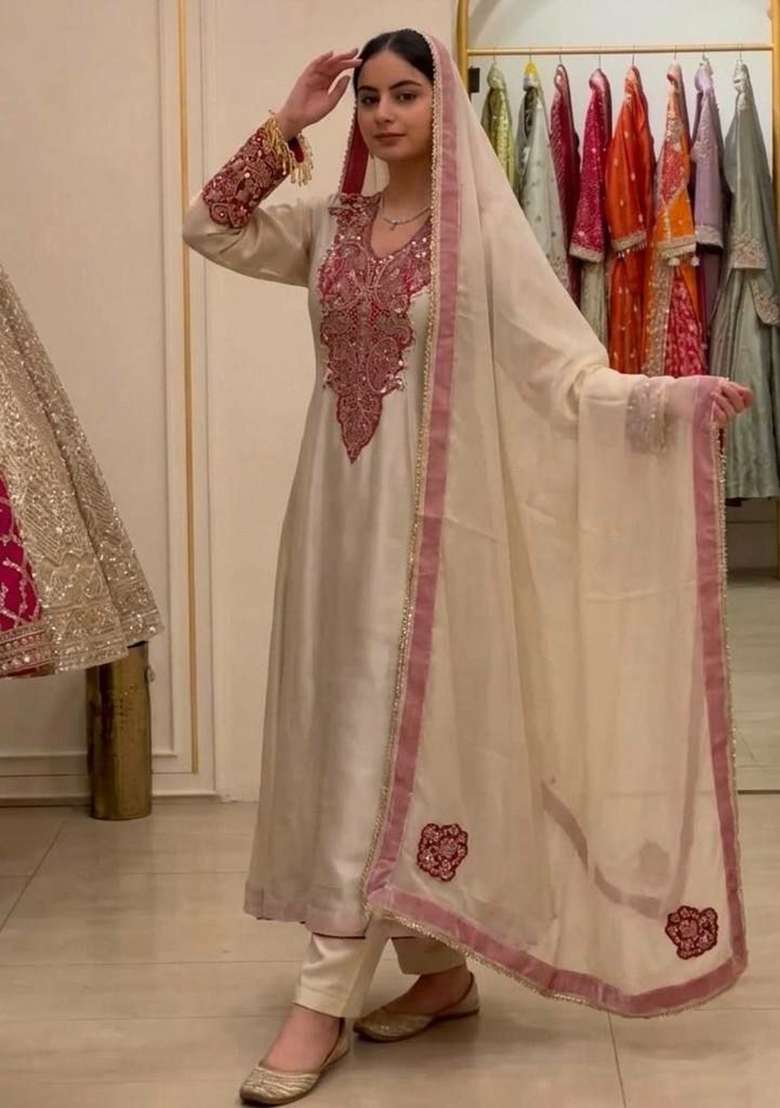 White Embroidery Organza Salwar Suit Set - Indya