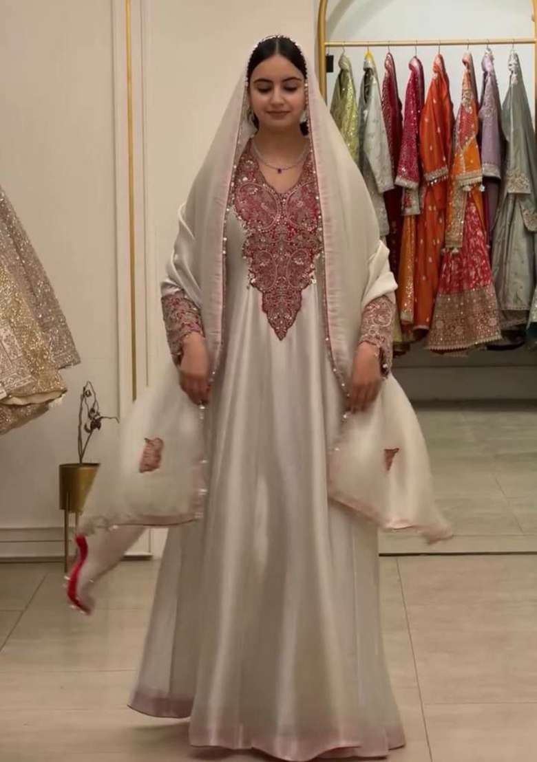 White Embroidery Organza Salwar Suit Set - Indya