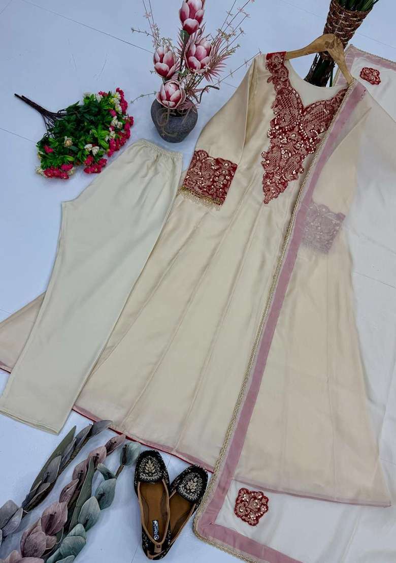 White Embroidery Organza Salwar Suit Set - Indya