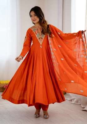 Orange Embroidery Silk Anarkali Gown Set