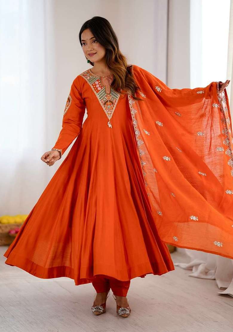 Orange Embroidery Silk Anarkali Gown Set - Indya