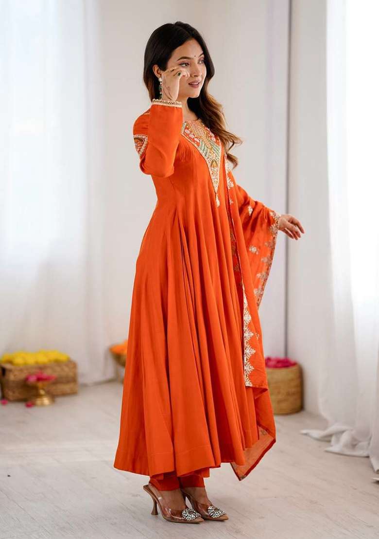 Orange Embroidery Silk Anarkali Gown Set - Indya