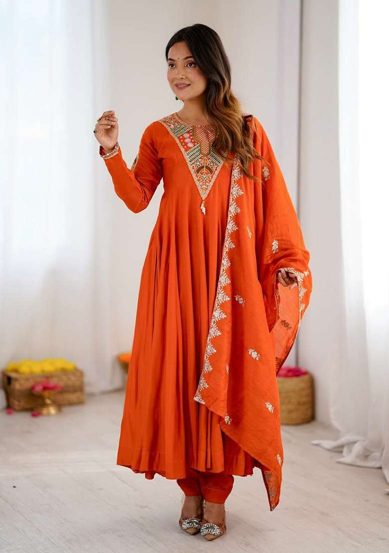 Orange Embroidery Silk Anarkali Gown Set - Indya
