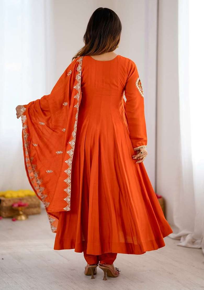 Orange Embroidery Silk Anarkali Gown Set - Indya