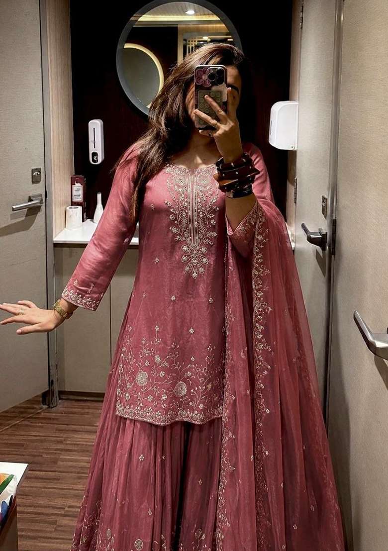 Pink Embroidery Silk Salwar Suit Set - Indya