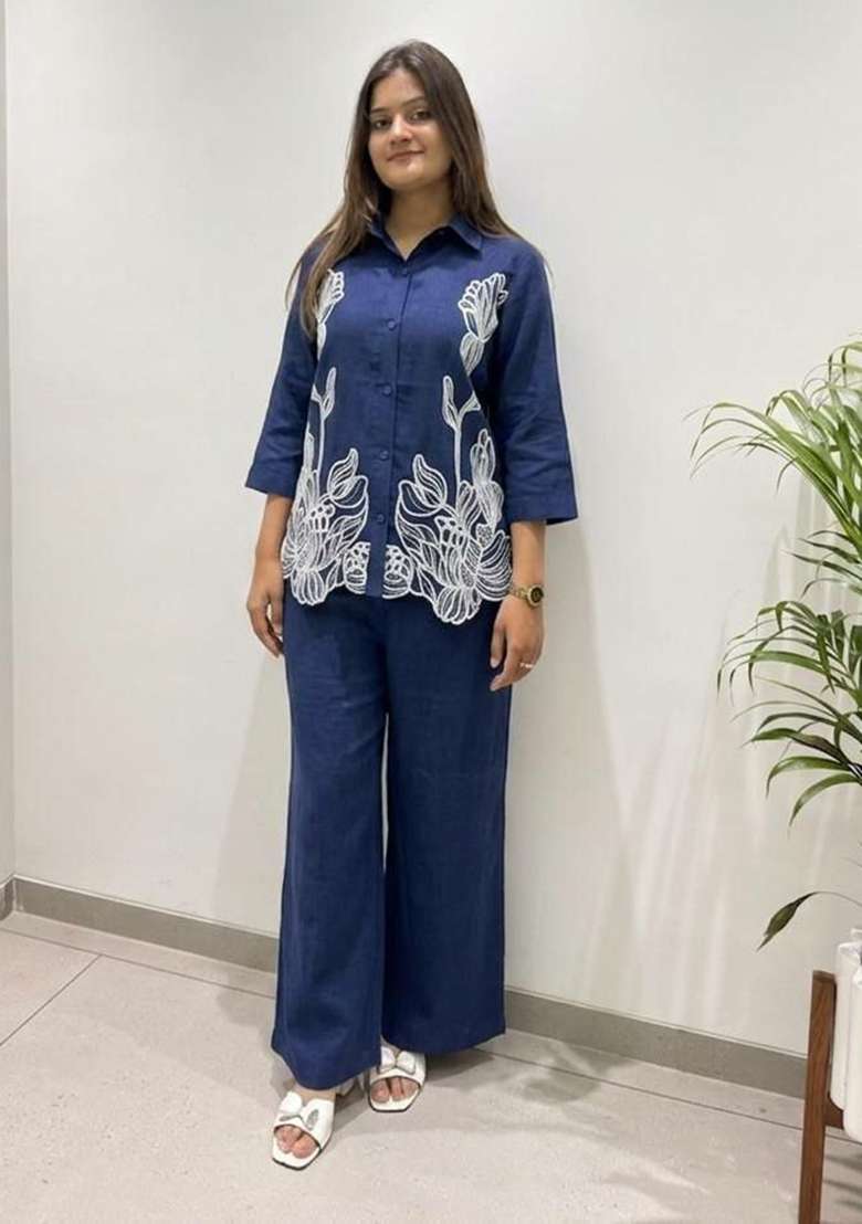 Blue Embroidery Cotton Salwar Suit Set - Indya