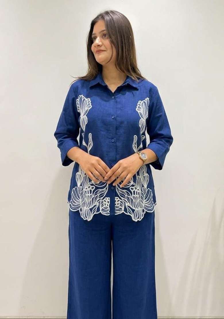 Blue Embroidery Cotton Salwar Suit Set - Indya