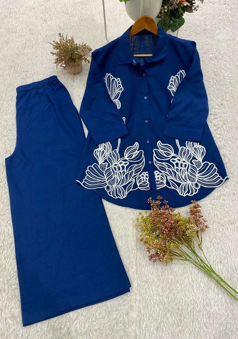 Blue Embroidery Cotton Salwar Suit Set - Indya
