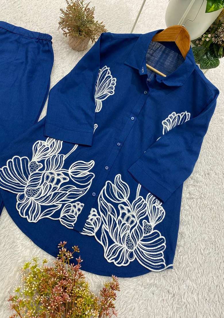 Blue Embroidery Cotton Salwar Suit Set - Indya