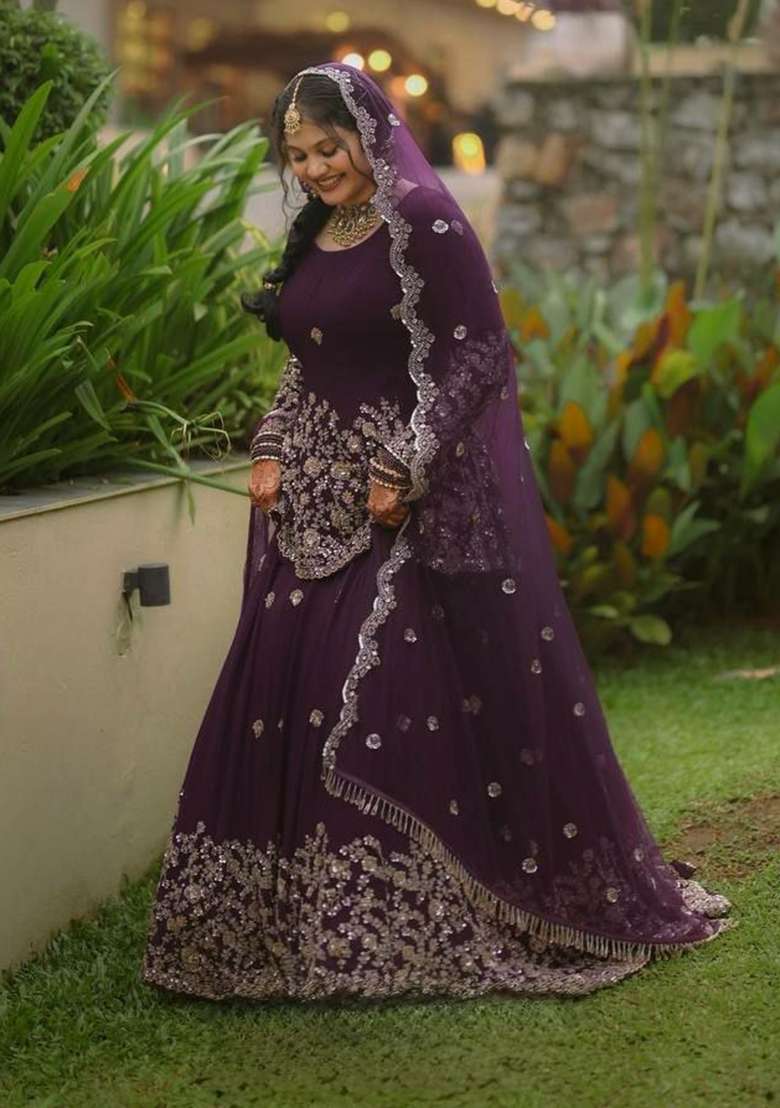 Purple Embroidery Georgette Salwar Suit Set - Indya