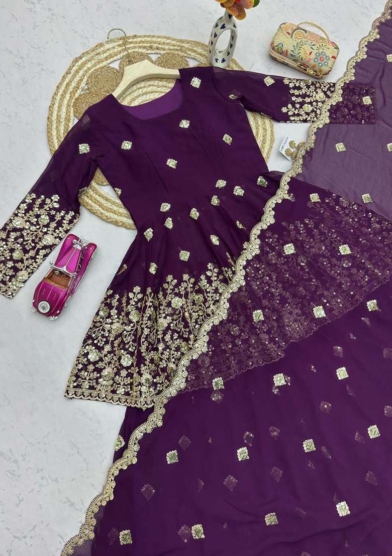 Purple Embroidery Georgette Salwar Suit Set - Indya