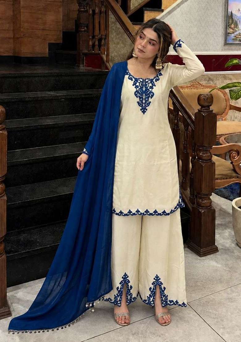 White Embroidery Chinon Salwar Suit Set - Indya