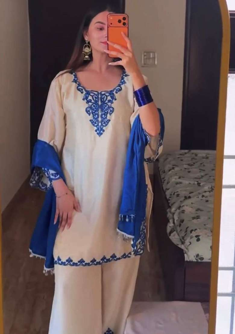 White Embroidery Chinon Salwar Suit Set - Indya