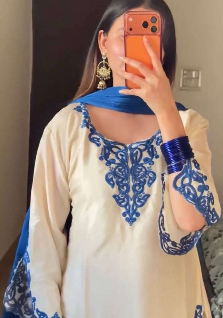 White Embroidery Chinon Salwar Suit Set - Indya