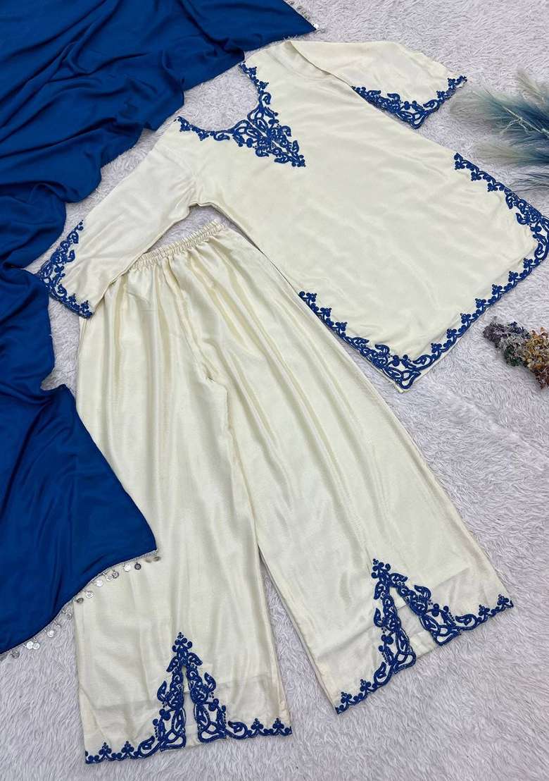 White Embroidery Chinon Salwar Suit Set - Indya