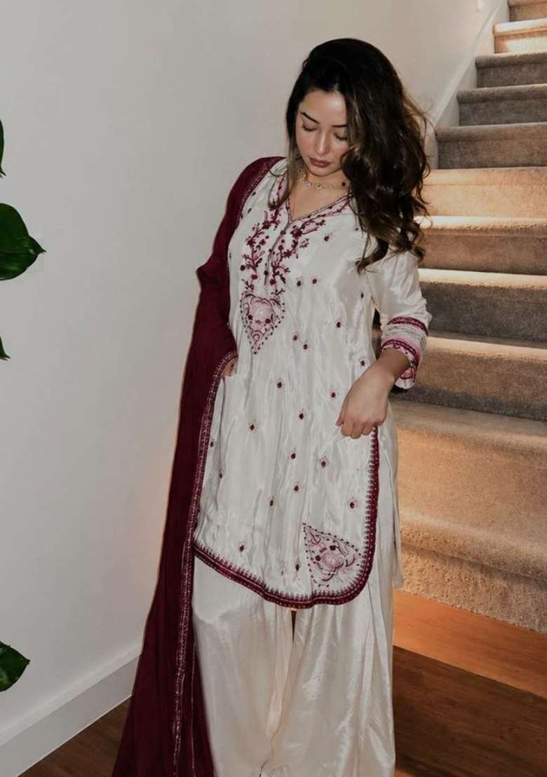White Embroidery Silk Salwar Suit Set - Indya