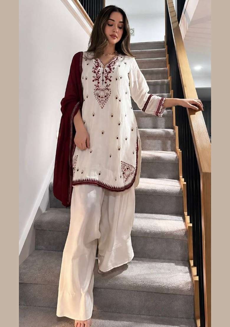 White Embroidery Silk Salwar Suit Set - Indya