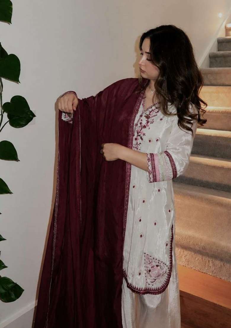 White Embroidery Silk Salwar Suit Set - Indya