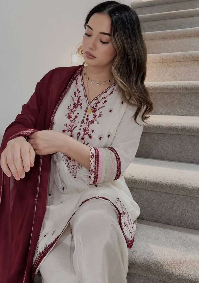 White Embroidery Silk Salwar Suit Set - Indya