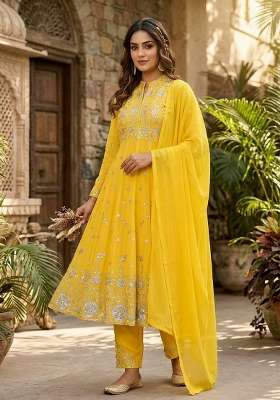 Yellow Embroidery Georgette Anarkali Gown Set