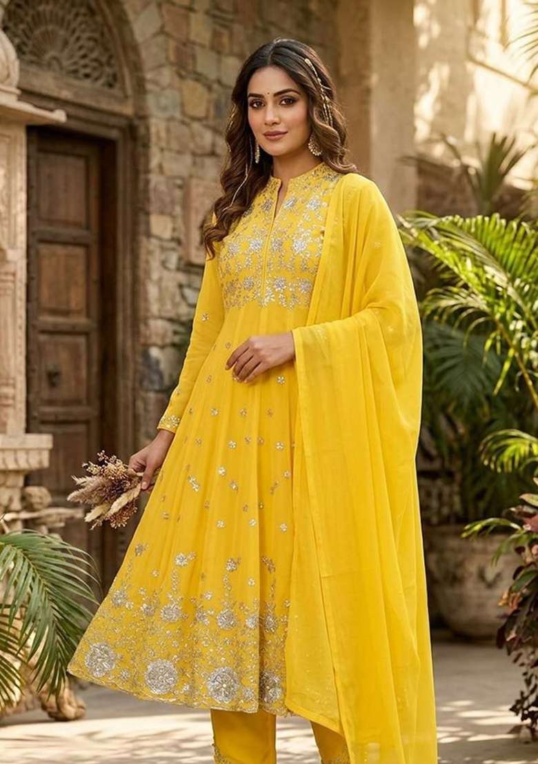 Yellow Embroidery Georgette Anarkali Gown Set - Indya