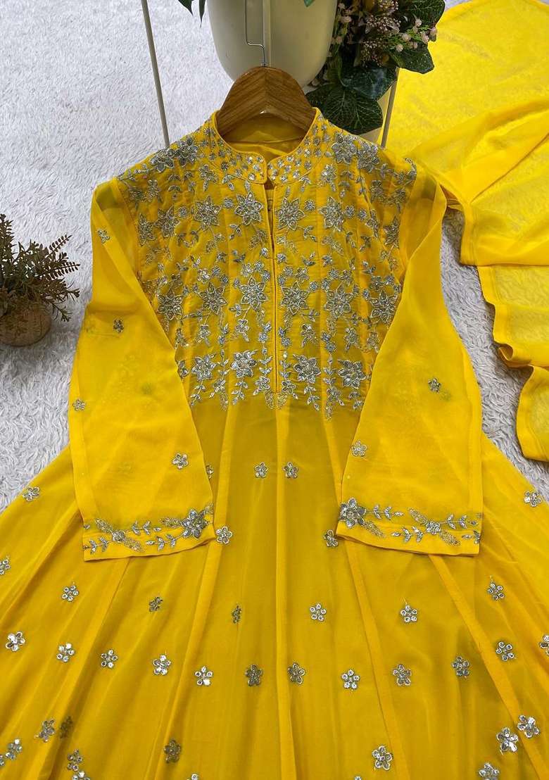 Yellow Embroidery Georgette Anarkali Gown Set - Indya