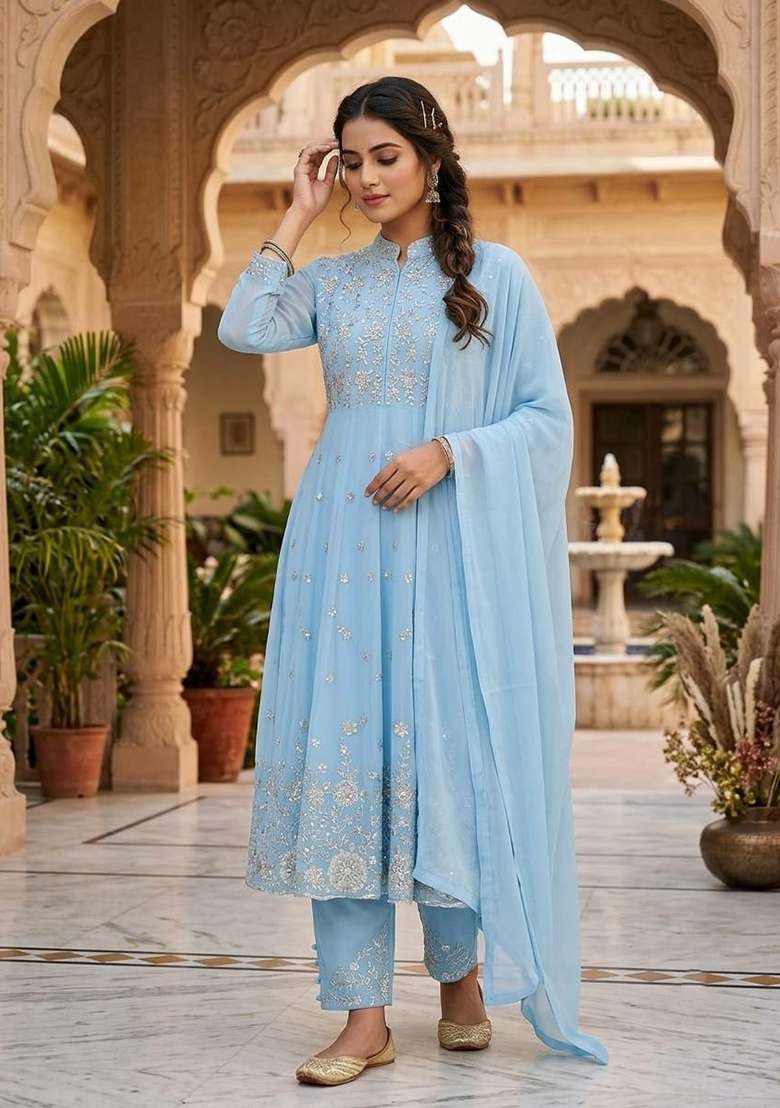 Blue Embroidery Georgette Anarkali Gown Set - Indya