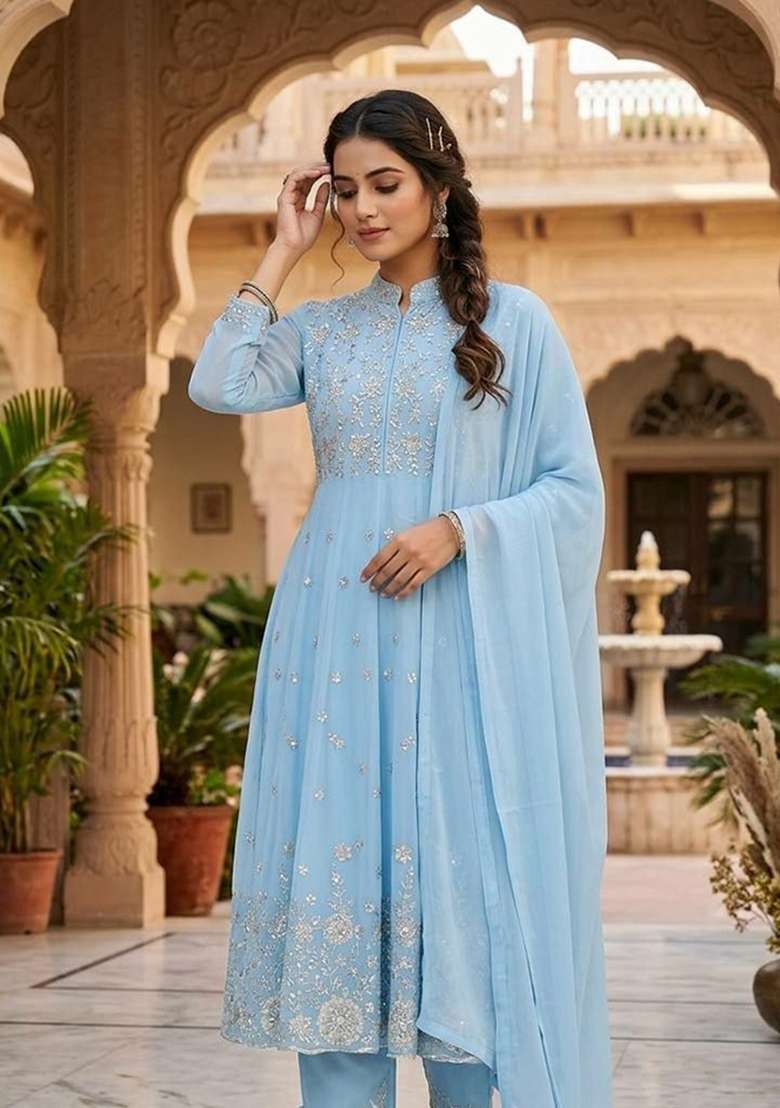 Blue Embroidery Georgette Anarkali Gown Set - Indya