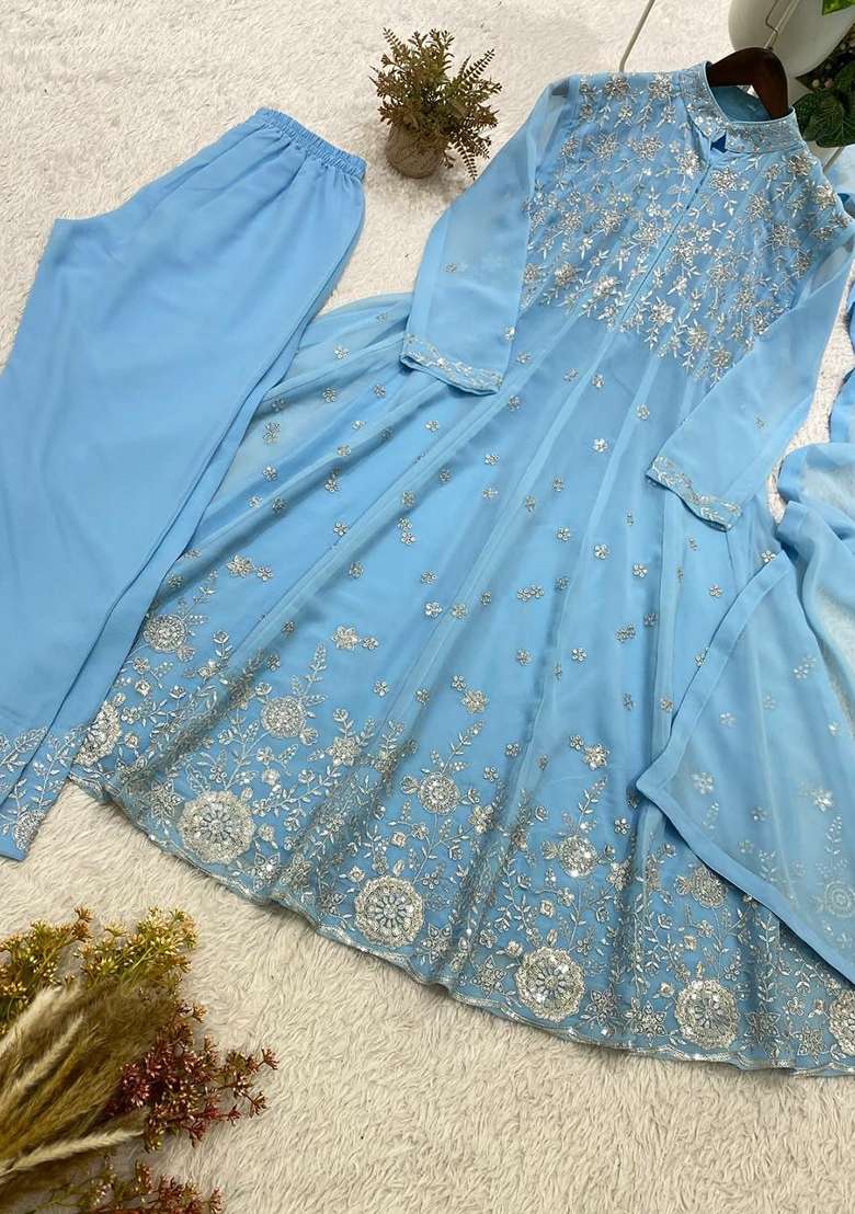 Blue Embroidery Georgette Anarkali Gown Set - Indya