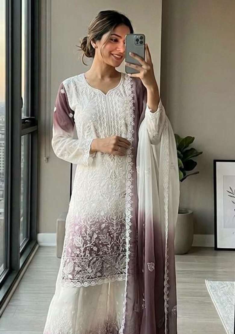 Purple Embroidery Georgette Salwar Suit Set - Indya