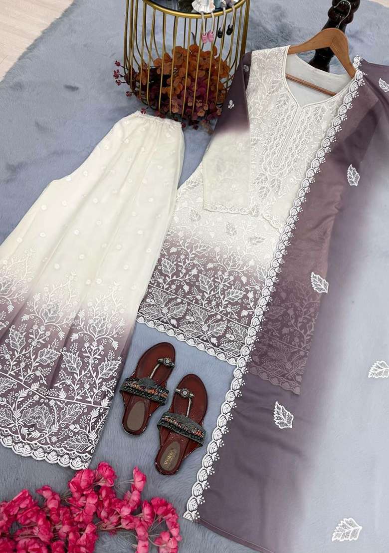Purple Embroidery Georgette Salwar Suit Set - Indya