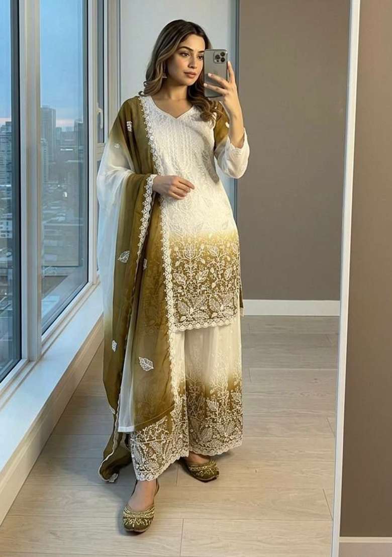 Yellow Embroidery Georgette Salwar Suit Set - Indya