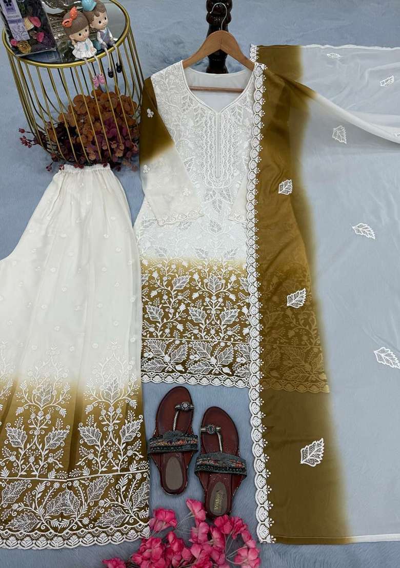 Yellow Embroidery Georgette Salwar Suit Set - Indya
