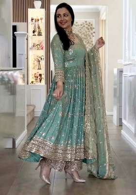 Blue Embroidery Silk Anarkali Gown Set