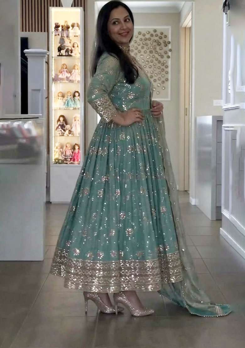 Blue Embroidery Silk Anarkali Gown Set - Indya